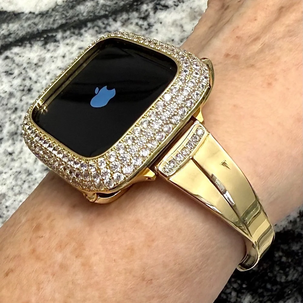 2 pc Apple Watch set yellow gold lab diamond case and crystal band classy bling